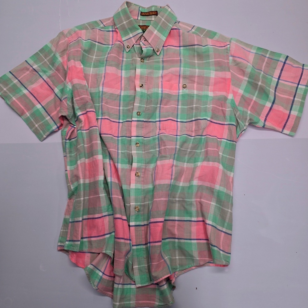 Oakton Limited Mens Pink Green Plaid Short Sleeve Button Down Shirt Cotton L